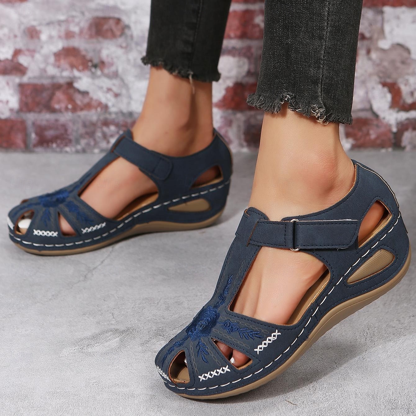 Women's Casual Comfort Sandals – Vintage Arch Support Velcro Walking Sandals with Hollow Design for Summer & Outdoor Wear 2025 - $22.99 –P5