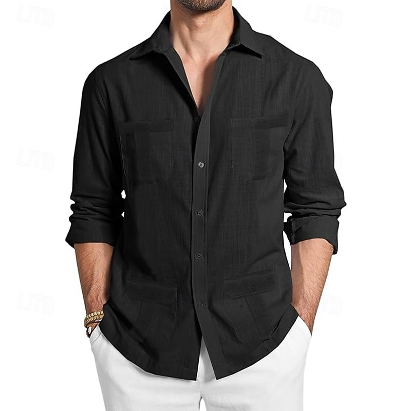 Per uomo Camicia camicia di lino Maglietta informale Camicia con bottoni Camicia di cotone Guaiabera Liscio Da mare Hawaiano Nero Bianco Verde Albicocca Manica lunga Bavero Primavera Autunno del 2025 a $29.99 –P7