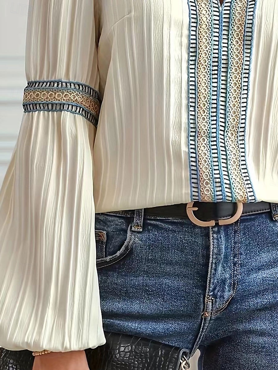 Kvinne Bluse Grafikk Elegant Søt Stilfull Lange Ermer V-Hals Vanlige Topper Daglig Ferie Patchwork Svart Himmelblå Grønn Aprikos Sommer Vår 2025 - $29.99 –P3