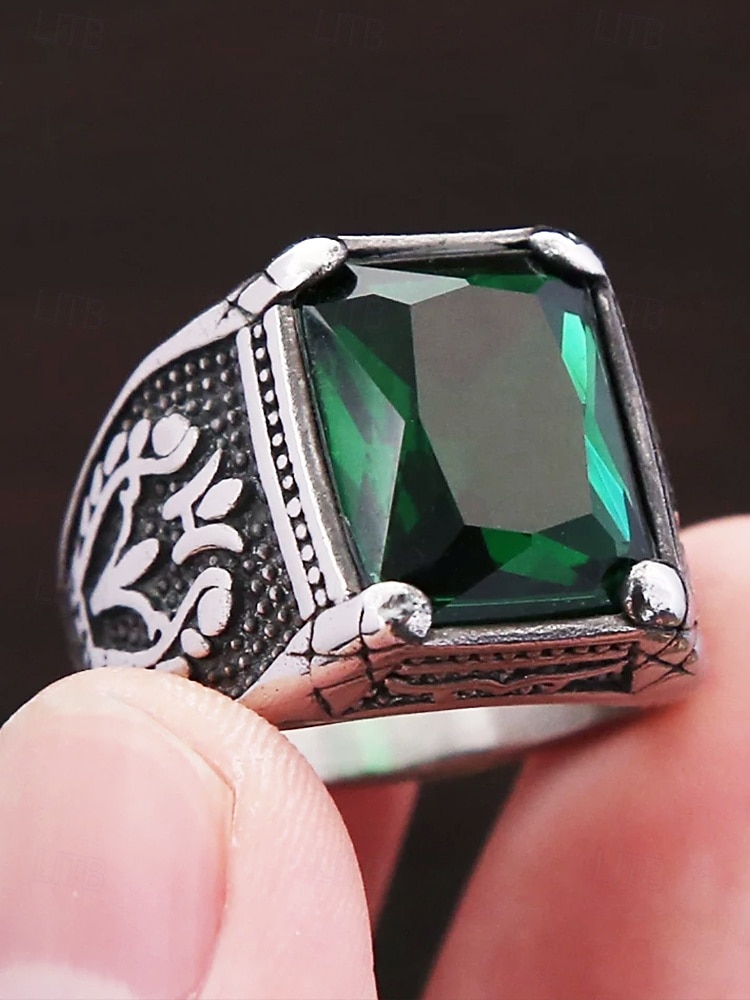Vintage Men's Stainless Steel Emerald Gemstone Ring - Vintage Gothic Silver Statement Ring, Engraved Antique Style, Fashion Jewelry for Weddings, Parties and Daily Wear 2025 - $14.99 –P5