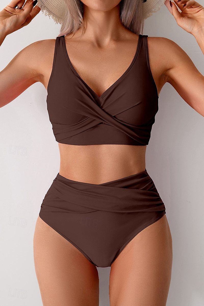 Femmes Maillots de Bain Bikini Maillot de bain Froncé Taille haute Tropical Tenues de plage Uni Fil en V Sans manches Maillots de bain de 2025 ? $22.99 –P15