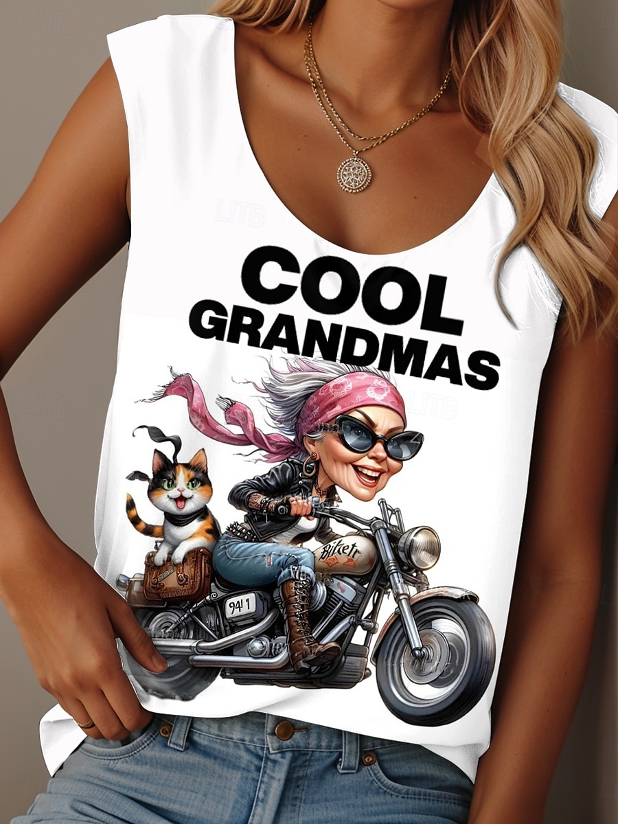 Dame Camisole Tank Top Grafisk Bokstaver Fritid Ermeløs Crew-hals Vanlige topper Daglig Trykt mønster Hvit Rosa Grønn Sommer Grandmas Motorcycle 2025 - $19.99 –P1