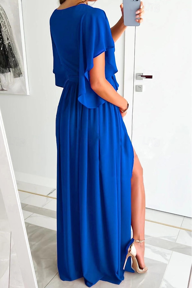 Damen kleid lang Formelle Kleidung Modisch Trompetenärmel Party Verabredung Regular Fit Glatt Kurzarm V Ausschnitt Schwarz Rote Blau Khaki Sommer 2025 - $23.99 –P7