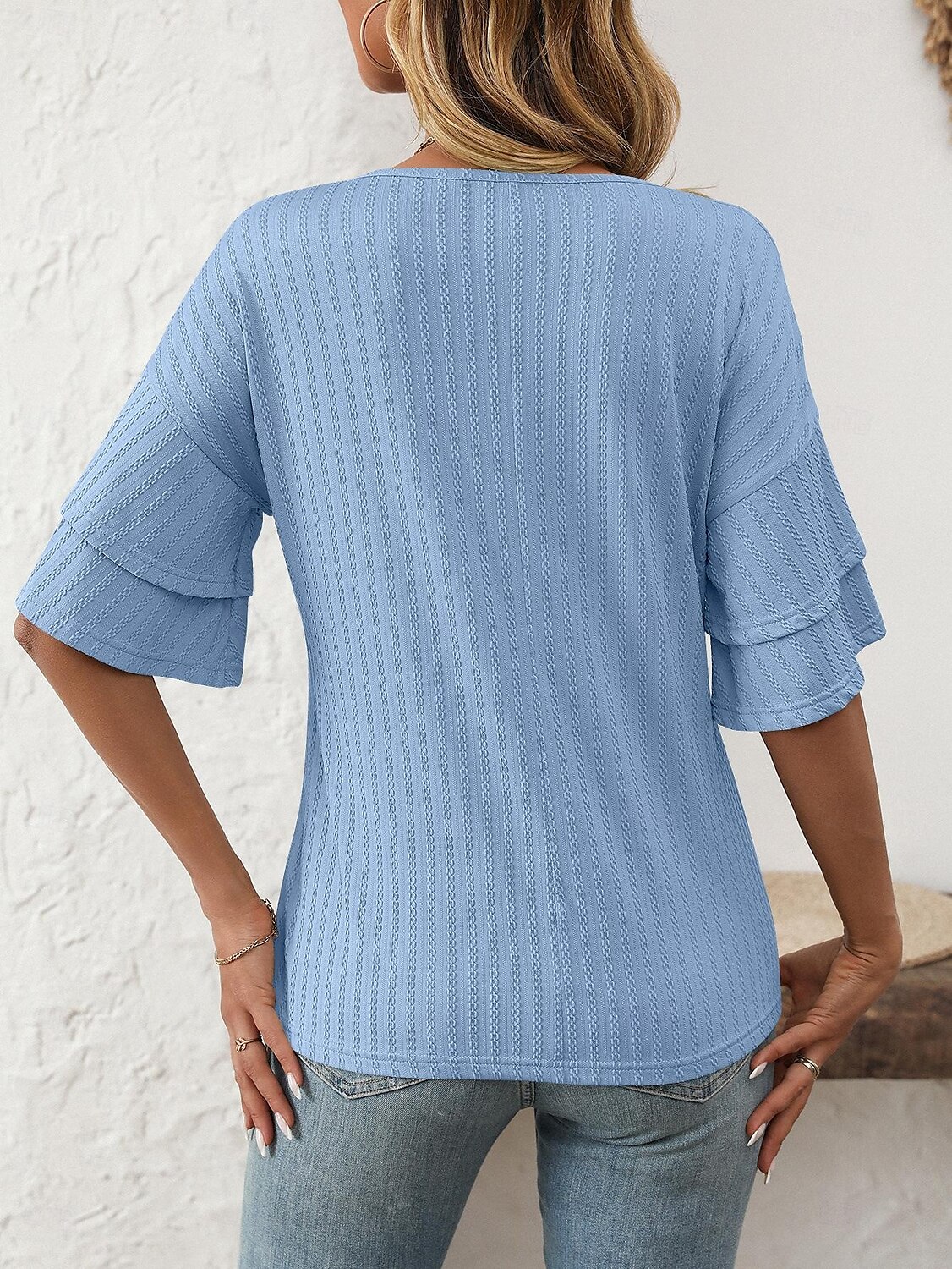 Women's T Shirt Plain Fashion Modern Short Sleeve V Neck Regular Tops Daily Ruffle Black White Wine Sky Blue Fuchsia Summer 2025 - $14.49 –P19