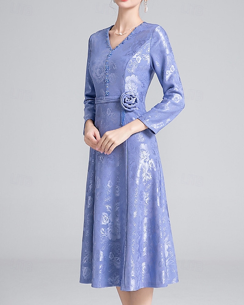 A-Line Dress Mother of the Bride Beaded Dress Elegant Vintage Simple V Neck Tea Length Jacquard Long Sleeve with Flower Wedding Guest Dress 2025 - $136.99 –P3