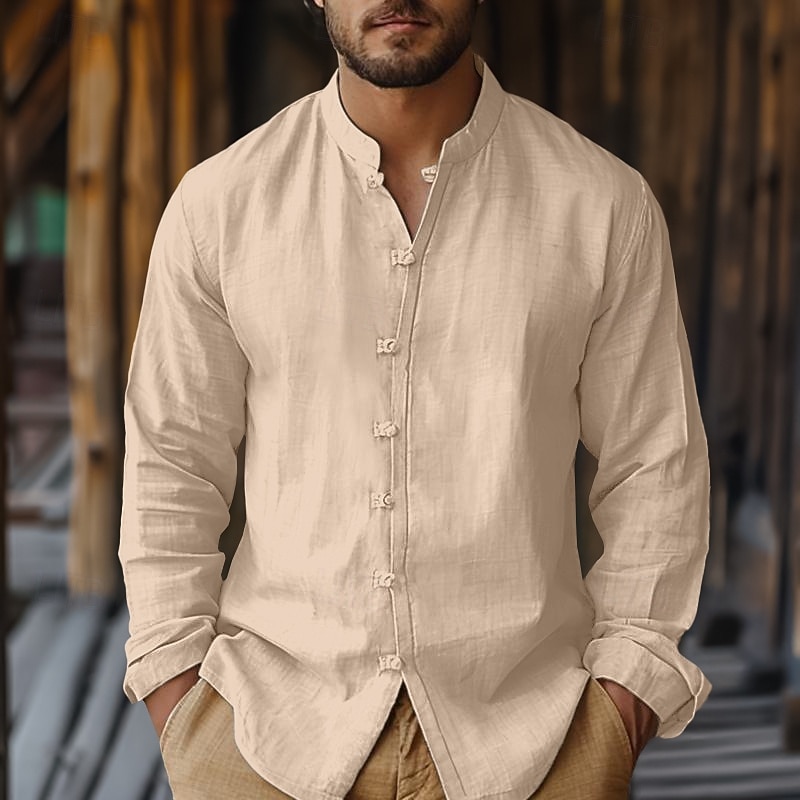 2026年 男性用 シャツ リネンシャツ サマーシャツ 純色 ストリート デイリーウェア ホワイト ネイビーブルー グリーン ベージュ 長袖 衣類  コレクション – $28.99 –P5