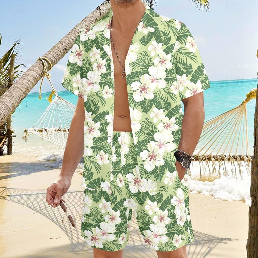 Męskie Kwiaty 2szt Zestawy koszul Koszula hawajska Krótki rękaw Krótkie spodnie Wieczorne Codzienny wakacje na plaży Codzienny Ubrania wakacyjne Druk 3D Lato Jasnoróżowy Zielony 2025 - $34.99 –P3