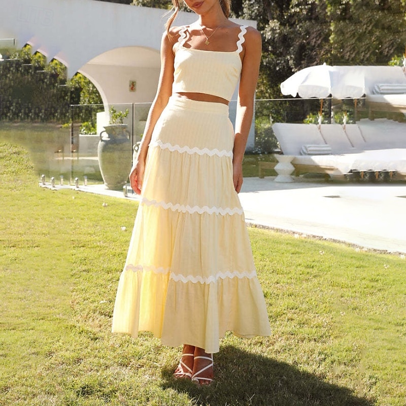 Damen Midikleid Weißes Kleid Abschlusskleid Zweiteiliges Kleid Mode Geburtstag Abschlussfeier Date Normale Passform Farbblock Ärmellos Spaghettiträger Hellgelb Weiß Sommer 2025 - $32.99 –P13