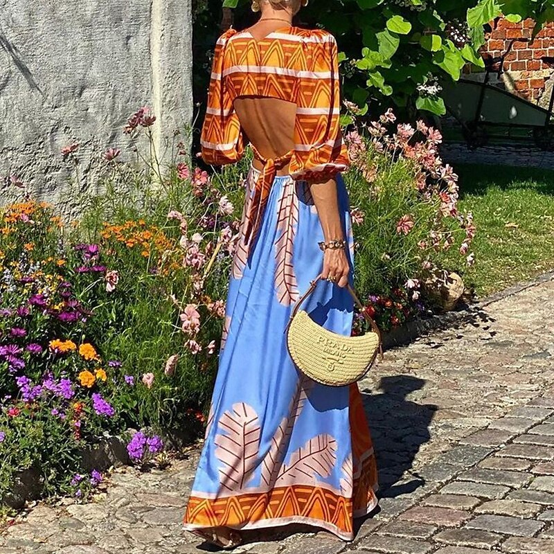 Pentru femei Rochie Lunga Rochie Maxi Rochie imprimata Clasic În aer liber Concediu Fit regulat Floare Manșon Jumate În V Albastru piscină Vară 2025 - $24.99 –P3