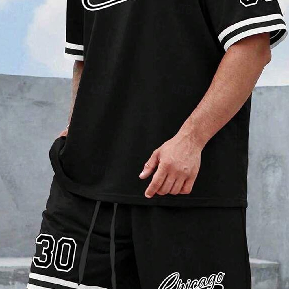 Муж. Текст / Количество 2шт Наборы футболок Летние вершины С короткими рукавами Короткие штаны Вырез под горло Спорт На каждый день на открытом воздухе спорт Повседневные 3D печать Лето Черный 2026 - $28.99 –P2