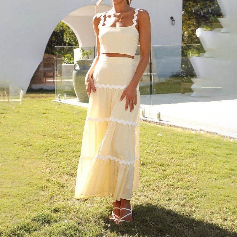 Damen Midikleid Weißes Kleid Abschlusskleid Zweiteiliges Kleid Mode Geburtstag Abschlussfeier Date Normale Passform Farbblock Ärmellos Spaghettiträger Hellgelb Weiß Sommer 2025 - $32.99 –P12