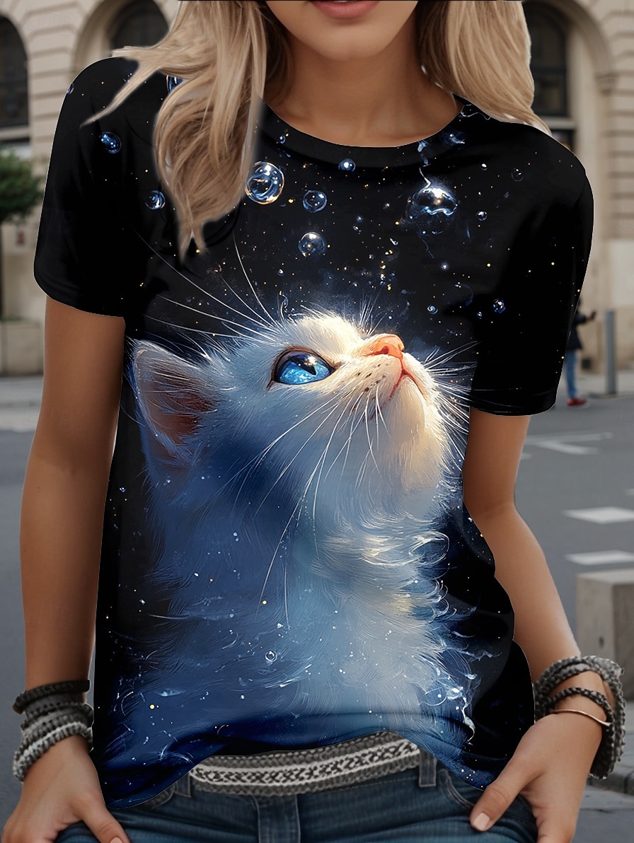 2025年 女性用 Tシャツ グラフィック 動物 猫 スタイリッシュ カジュアル 半袖 ラウンドネック レギュラートップス 日常 週末 プリント ブラック 夏 春 コレクション – $19.99 –P1