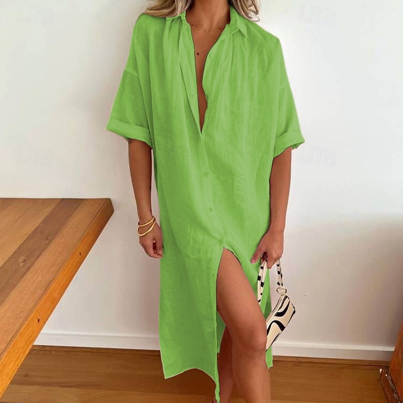 Damskie Sukienka midi Sukienki inspirowane lnem Sukienka koszulowa Bawełniana lniana sukienka Moda Klasyczny Codzienny Święto Weekend Regularny Równina Długi rękaw Kołnierzyk koszuli Biały Zielony 2025 - $32.99 –P5