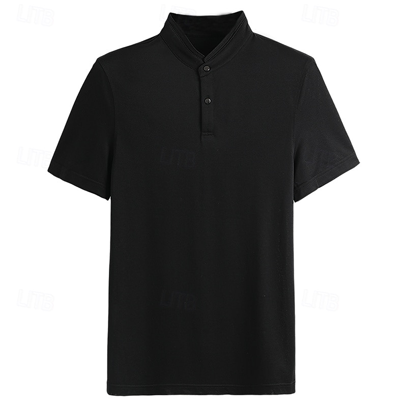 heren polo trui van zijde katoenmix, formeel werk, geribbelde kraag, korte mouwen, effen kleur, overhemd, zomer, donkergrijs, zwart, wit, kaki, grijs 2025 - $32.99 –P12