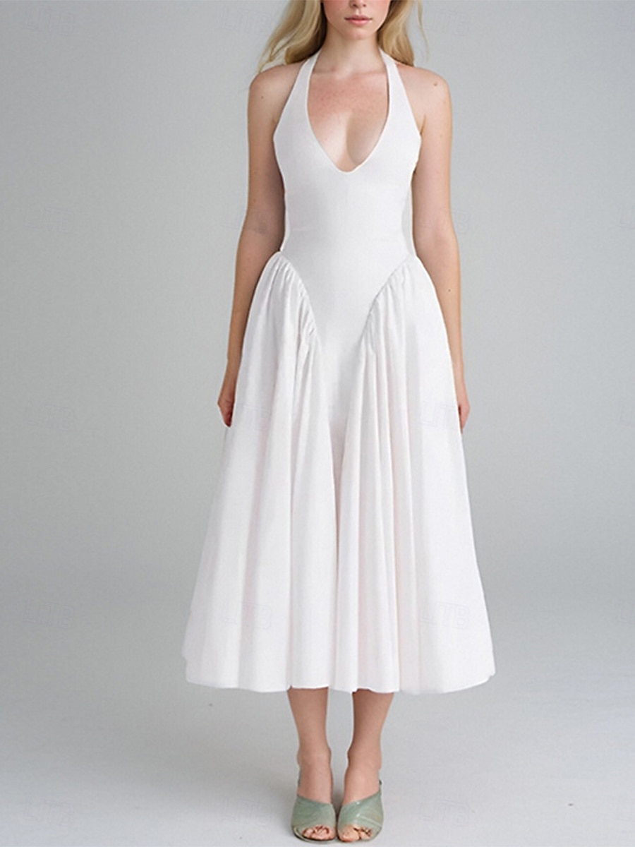 Női Midi ruha Ballagási ruha Rakott ruha Boho esküvői vendégruha Elegáns Bodycon ruha Tömör szín Ujjatlan Kötőfék nyaka Fehér Nyár 2025 - $31.99 –P3