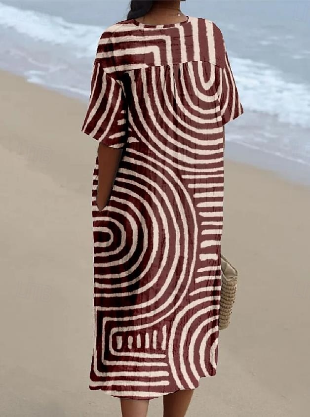 Damen Midikleid Sommerkleid A Linie Kleid Urlaub Lässig Strand Ausgehen Lässiger Schnitt Grafik Geometrisch Kurzarm V Ausschnitt Weinrot Orange cremefarben Dunkelgray Sommer 2025 - $36.99 –P4