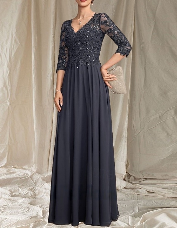 Linea ad A Abito da cerimonia per signora Ospite di nozze Elegante Scollo a V Lunghezza al pavimento Chiffon Manica 3/4 con Perline Applicazioni 2025 del 2025 a $160.99 –P4