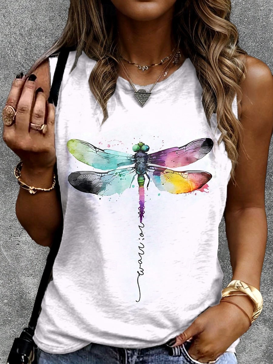 Camiseta Top Femenino Mariposa Letra Estilo Casual Sin Mangas Cuello Redondo Tops Regulares Diarios Impresión Blanco Verano 2025 - $17.99 –P1