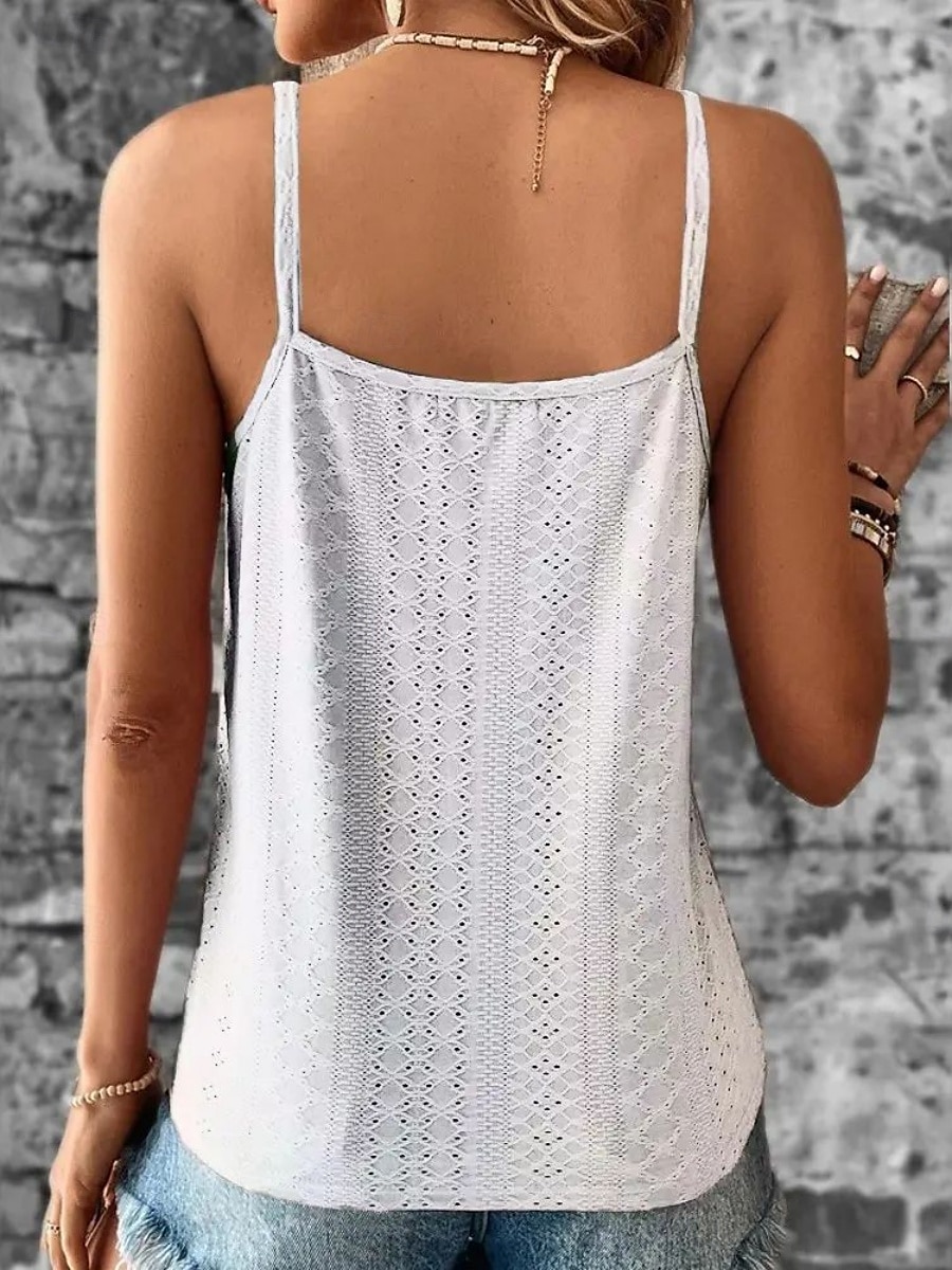 Damers linnen topp enhetlig färg grundläggande avslappnad ärmlös rem vanlig topp daglig spets patchwork vit gul rosa armégrön grå sommar vår 2025 - $19.99 –P2