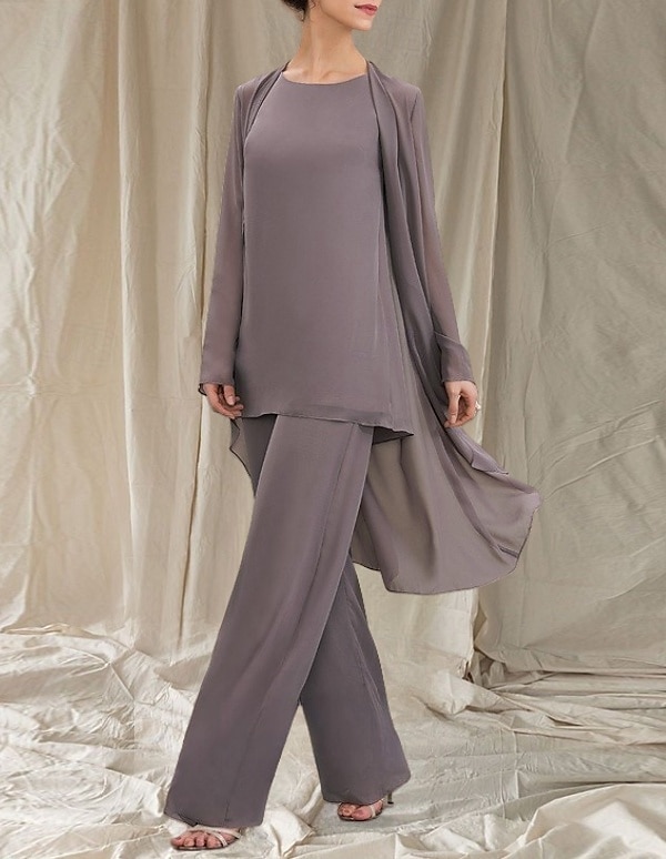 Macacão  Conjunto de Calça 3 Peças Mãe da Noiva Vestido de Convidada de Casamento Elegante Gola Redonda Comprimento Total Chiffon Manga Longa com Babados de 2025 por $139.99 –P3