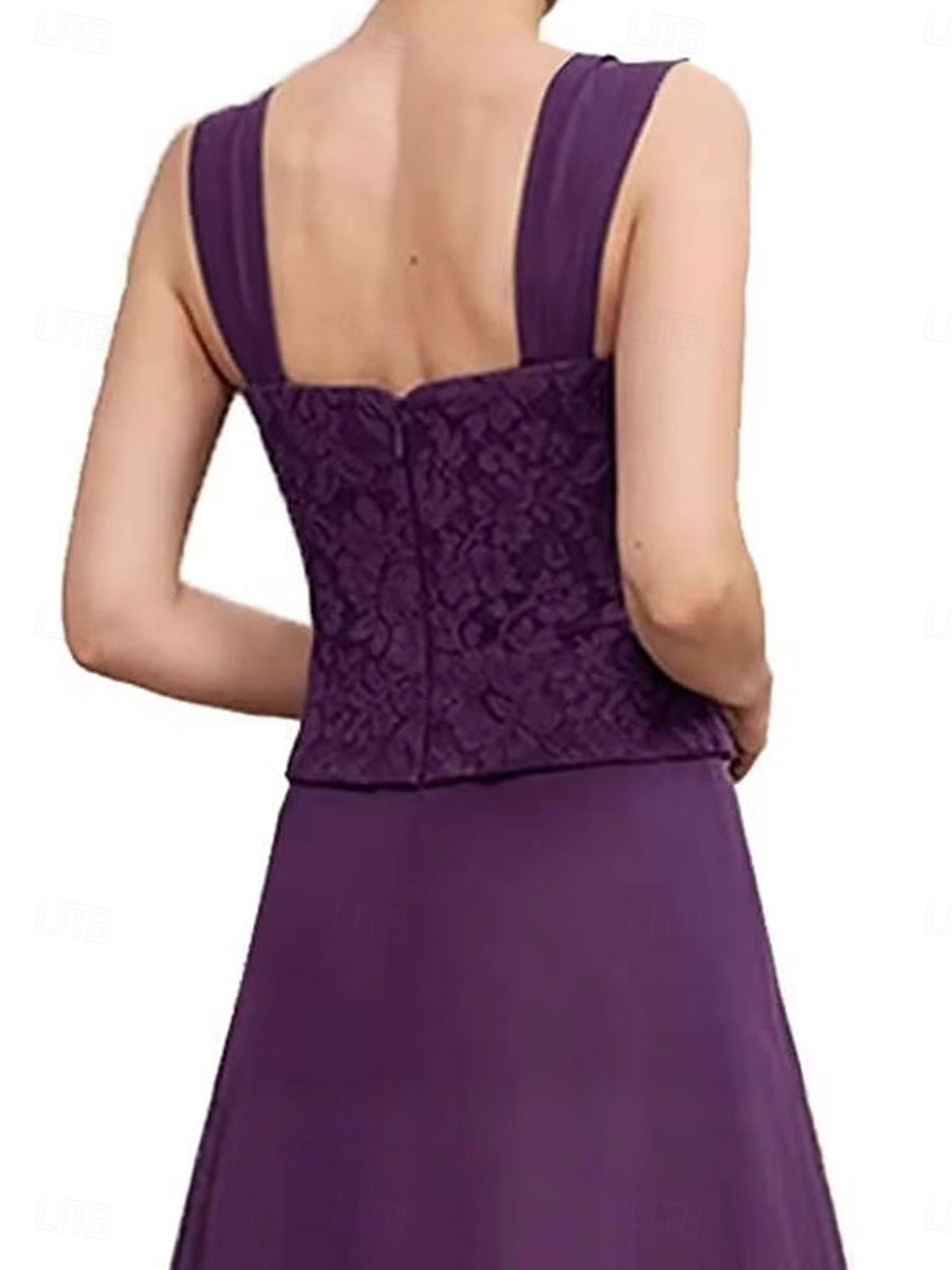 Dress Sets Mother of the Bride Dress Elegant Simple Scoop Neck Tea Length Chiffon Polyester Lace Long Sleeve with Lace Solid Color 2025 - $99.99 –P2