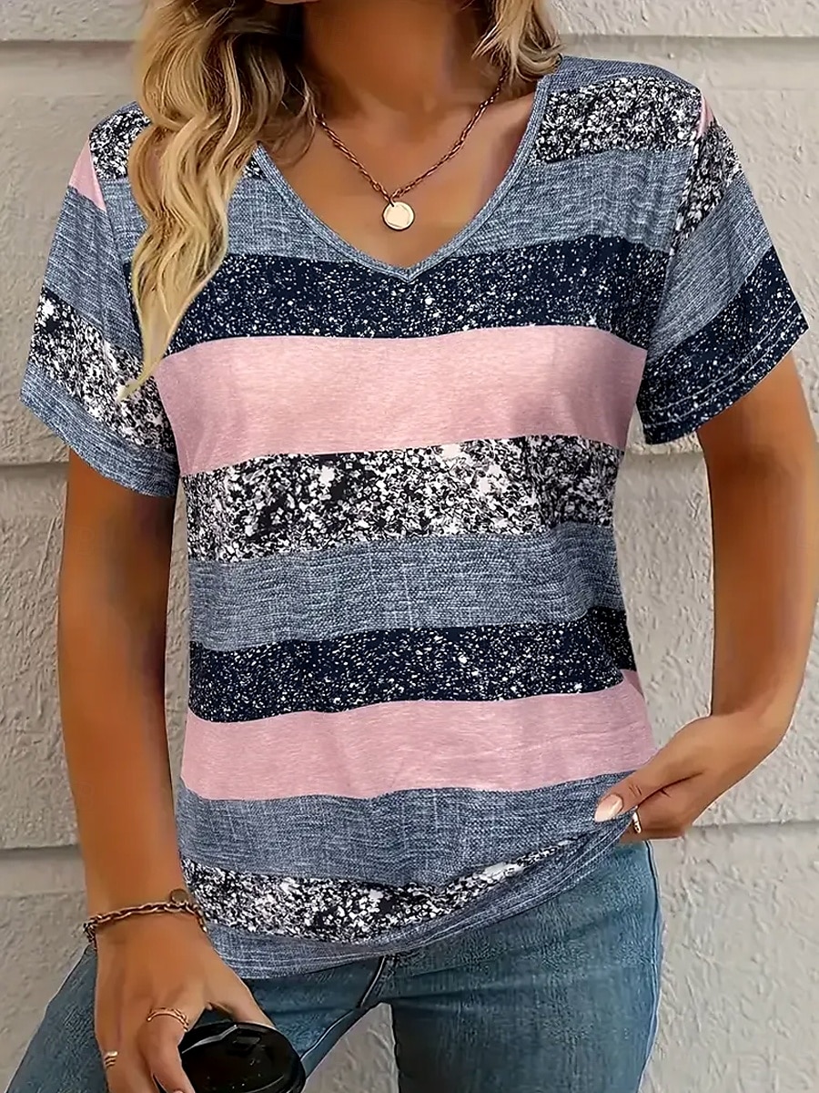 Women's T Shirt Graphic Striped Fashion Stylish Casual Long Sleeve V Neck Regular Tops Daily Sports Going out Print Pink Summer Spring 2025 - $19.99 –P1