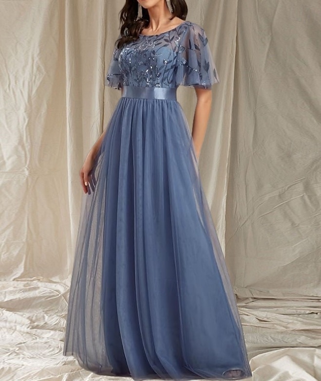 A-Line Wedding Guest Dresses Elegant Dress Wedding Guest Floor Length Short Sleeve Crew Neck Fall Wedding Guest Lace with Glitter Sequin 2025 - $164.99 –P4