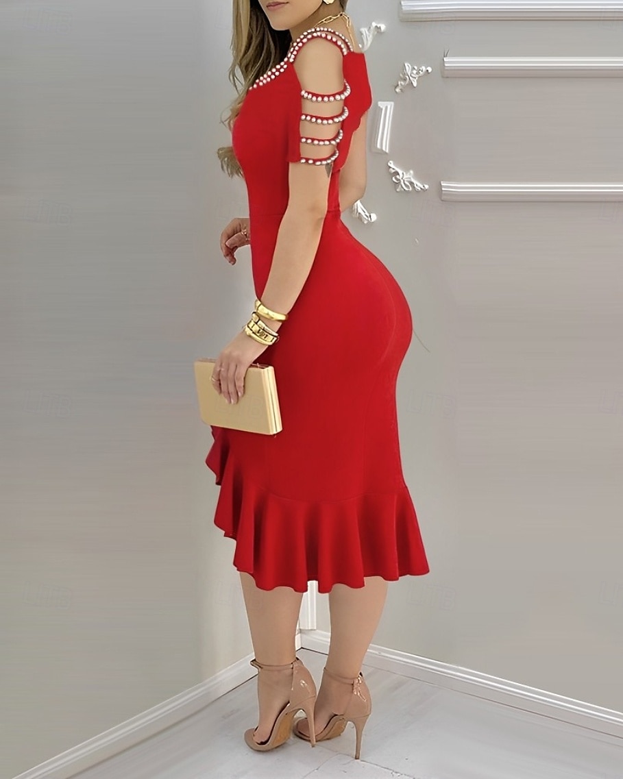 Damen Midikleid Bodycon Elegant Formell Date Normale Passform Einfarbig Kurzarm U-Ausschnitt Schwarz Rote Blau Fuchsie Sommer 2025 - $22.99 –P6