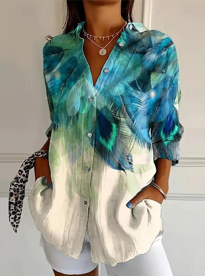 Femmes Chemise Graphique Plume Occasionnel manche longue Col de chemise Hauts Réguliers Travail Quotidien Boutons Imprimé Bleu Été Printemps de 2025 ? $32.99 –P1