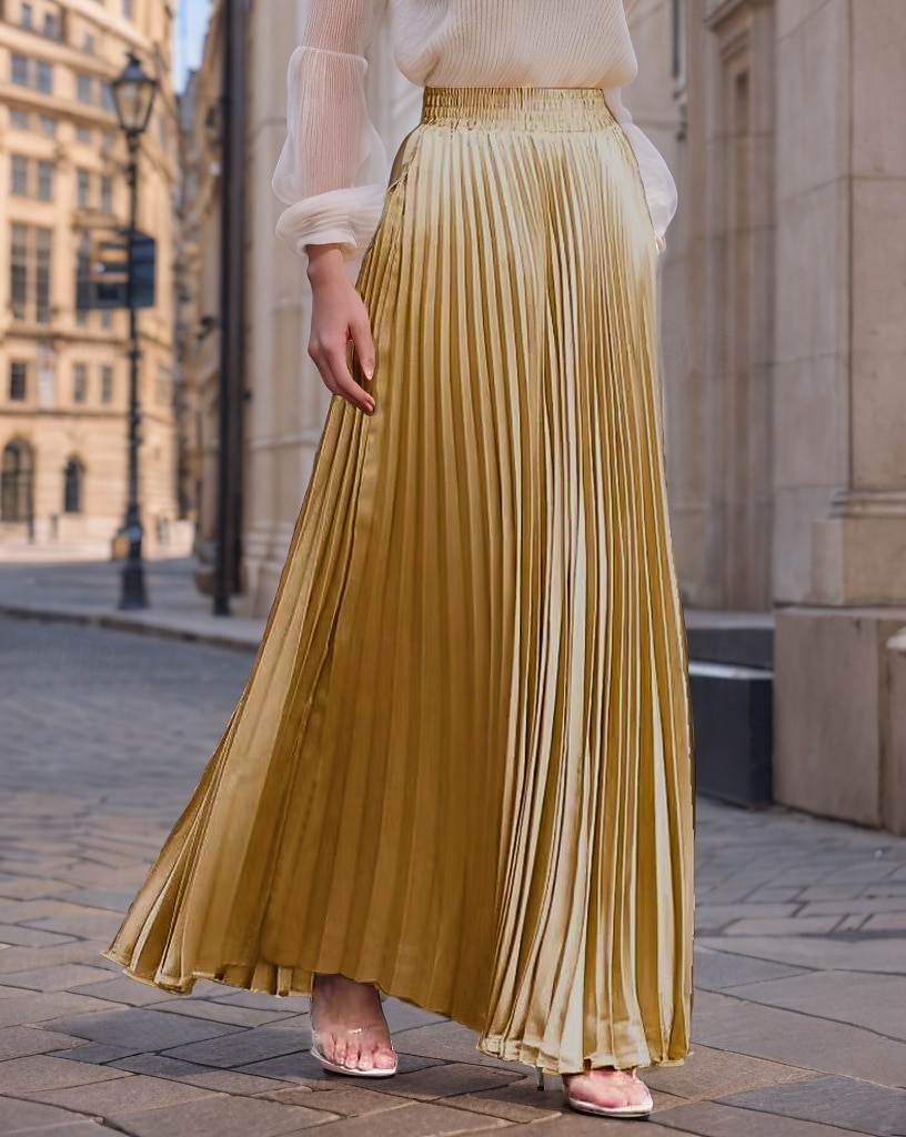 Damen Rock Langer Rock Mode Lang Maxi Hohe Taille Röcke Einfarbig Gerafft Plissiert Schimmernd Mikroelastisch Täglich Ferien Silber Pfauenblau Marineblau Schwarz Frühling, Herbst, Winter, Sommer 2025 - $23.99 –P4