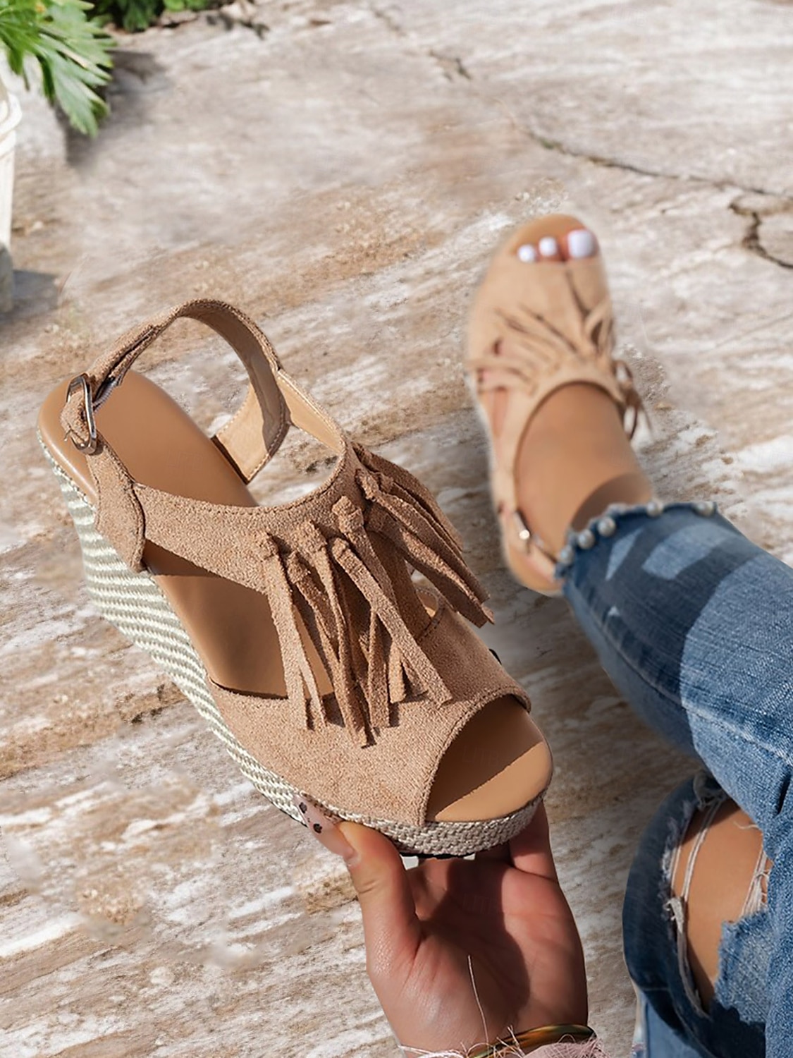 női rojtos ékszandál – boho peep toe platformsarkú cipő nyári tengerparti nyaraláshoz, elegáns alkalmi ruhák és fesztiválruházat 2025 - $26.99 –P1