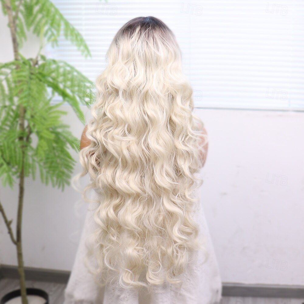 Perruque en dentelle synthétique Ondulation naturelle Style 30 pouce Brun avec des points forts dorés Raie au milieu dentelle frontale 13x4 Perruque Femmes Perruque Blanc crème de 2025 ? $62.99 –P5