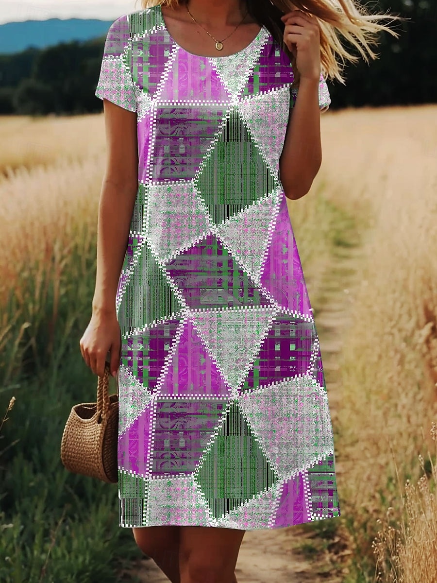 Mini sukienka dla kobiet sukienka w kształcie litery A sukienka T-shirt sukienka letnia stylowa casual codziennie regularny krój graficzna geometryczna krótki rękaw okrągły dekolt niebieska fioletowa 2025 - $23.99 –P3