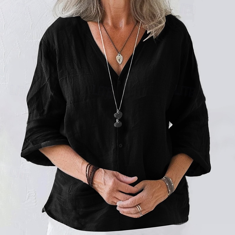Damen Bluse Baumwoll-Leinen-Hemden Einfach Basic Modern Dreiviertelarm V Ausschnitt Normale Oberteile Täglich Ferien Ausgehen Knöpfe Schwarz Weiß Rosa Braun Aprikose Sommer 2025 - $22.99 –P5