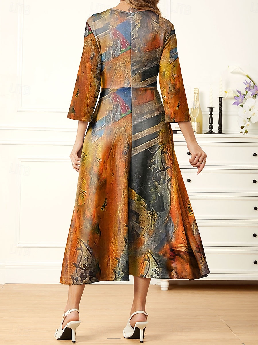 Frauen Maxi Kleid A-Linie Kleid Sommer Kleid Urlaub Lässig Alltag Reguläre Passform Grafik Abstrakt Lange Ärmel V-Ausschnitt Blau Lila Orange Sommer 2025 - $36.99 –P4