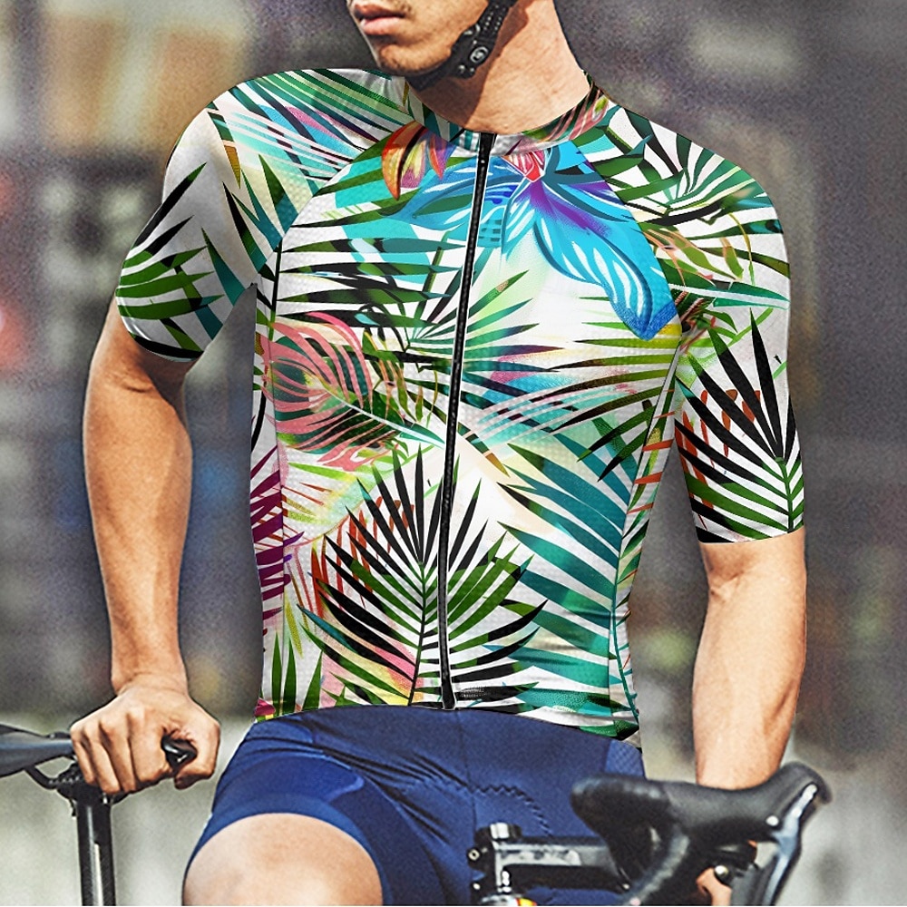 2025年 男性用 サイクリングジャージー 半袖 バイク Tシャツ ジャージー 3つのリアポケット付き マウンテンサイクリング 高通気性 速乾性 人間工学デザイン ウィッキング フォレストグリーン ダークブルー ダークグリーン リーフ柄 スポーツ 衣類 コレクション – $20.79 –P7