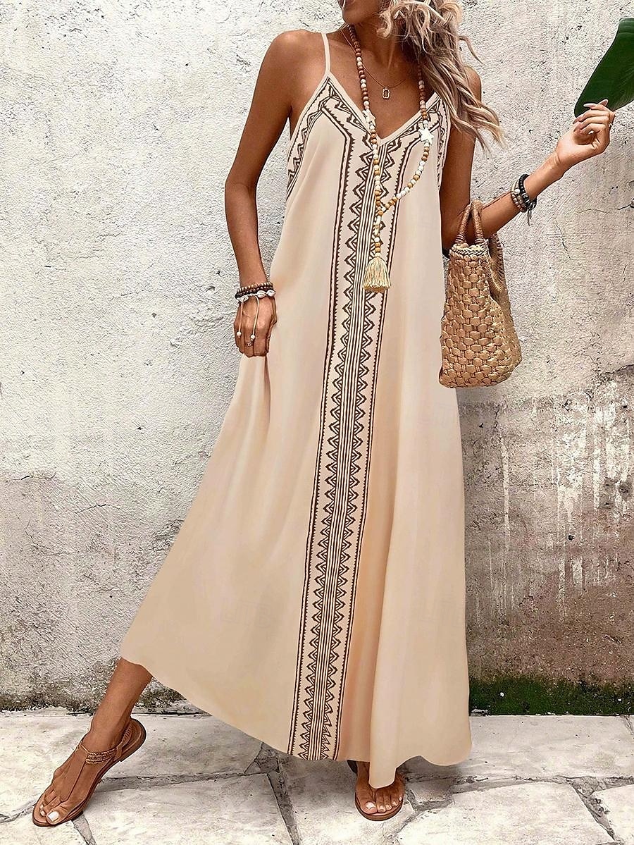 Dámské Maxi šaty Letní šaty Áčkové šaty Slip Dress prázdniny Na běžné nošení Jdeme ven Plážové Běžný Grafika Geometrický Bez rukávů Do V Khaki Léto Jaro 2025 - $34.99 –P3