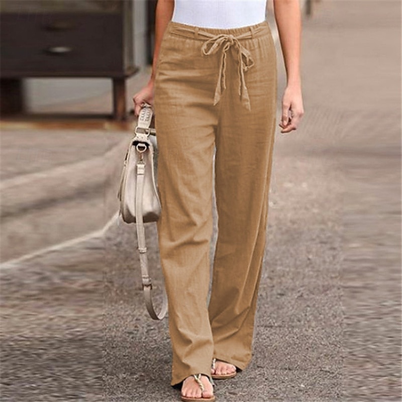 Femmes Pantalon en coton et lin Slacks Mode Streetwear Confort Longueur complète Taille haute Uni Conception à cordon élastique Confortable Rue Sortir Bleu œuf de mer Gris Noir Blanche Été Coupe de 2025 ? $21.99 –P9