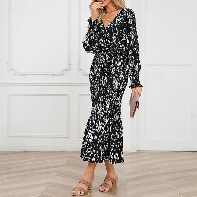 Damen Midikleid Cocktailkleid Etui-Kleid Mode Urlaub Ferien Teegesellschaft Normale Passform Leopard Langarm V Ausschnitt Schwarz Khaki Aprikose Sommer 2025 - $30.99 –P16