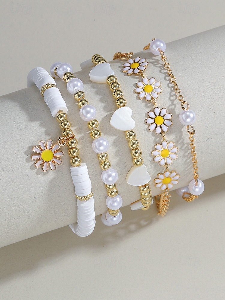 "Boho Daisy Pearl Bracelet Set for Women – Gold Chain & Beaded Layered Bracelets, Cute Floral Jewelry for Summer, Beach, Festivals and Casual Wear" 2025 - $7.99 –P5
