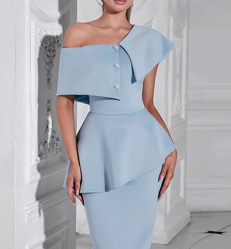 Robe cocktail sirène  trompette robe élégante formelle anniversaire longueur thé sans manches épaule dénudée crêpe extensible dos échelle avec boutons en strass robe fendue de 2025 ? $161.99 –P3