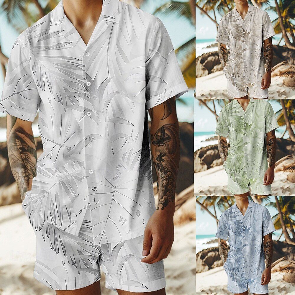 Herre Trær / blader 2stk Skjorter sett Hawaii skjorte Kortermet Korte bukser cubansk krage Ferie Avslappet Strandferie 3D-utskrift Sommer Grå Hvit Lysegrønn 2025 - $32.99 –P1