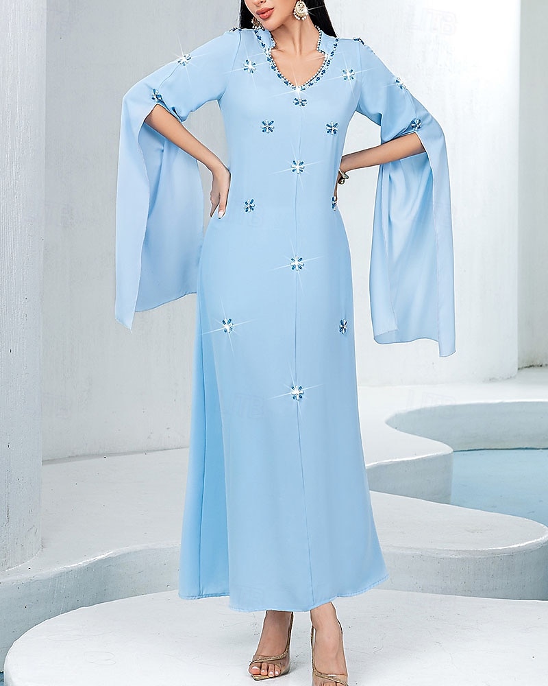 Blaue Glitzer Mutter der Braut Kleid Elegantes Hochzeitsgastkleid V-Ausschnitt Maxi-Länge Chiffon Lange Ärmel mit Kristallen 2025 - $99.99 –P5