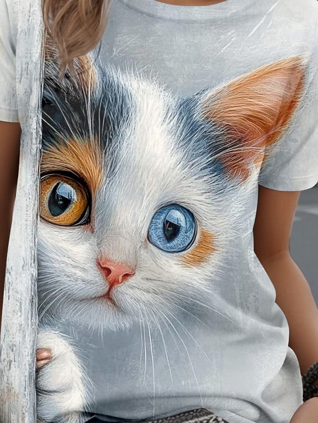 Damen T Shirt Grafik Tiermotiv Katze Stilvoll Lässig Kurzarm Rundhals Normale Oberteile Täglich Wochenende Druck Silber Sommer Frühling 2025 - $19.99 –P3