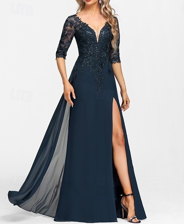 A-Linie Brautmutterkleid Hochzeitsgast Elegant V Ausschnitt Bodenlang Chiffon Halbarm mit Applikationen Geteilter Vorderteil 2025 2025 - $201.99 –P3