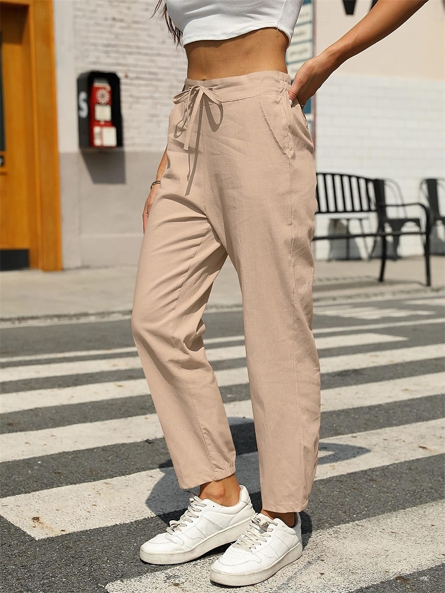 Women's Baggy Pants Chinos Fashion Streetwear Full Length Medium Waist Plain Pocket Drawstring Comfy Soft Comfortable Linen Like Micro-elastic Outdoor Street Black White Army Green Khaki Summer 2025 - $25.99 –P9