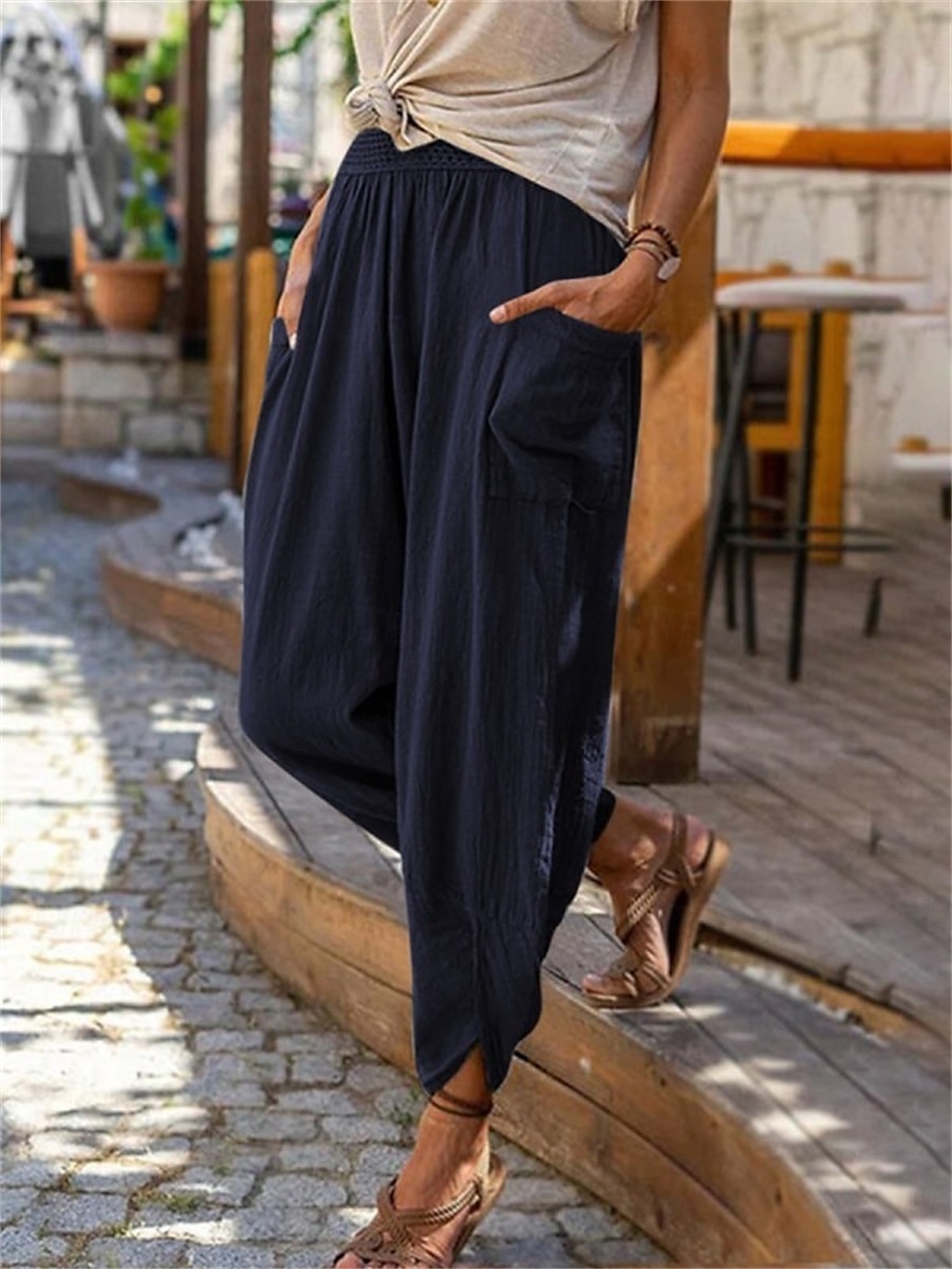 Pantaloni baggy in cotone e lino da donna chinos moda streetwear lunghezza intera vita media tasca semplice elastico comodo morbido confortevole micro-elastico all'aperto street blu uovo di merlo del 2025 a $16.99 –P5