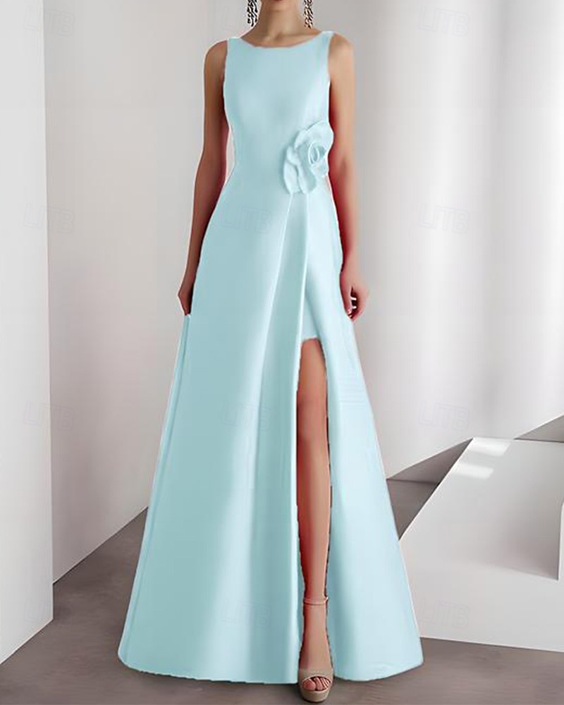 A-Line Evening Gown Elegant Dress Formal Wedding Floor Length Sleeveless Crew Neck Satin with Slit 3D Flower 2025 - $126.99 –P5