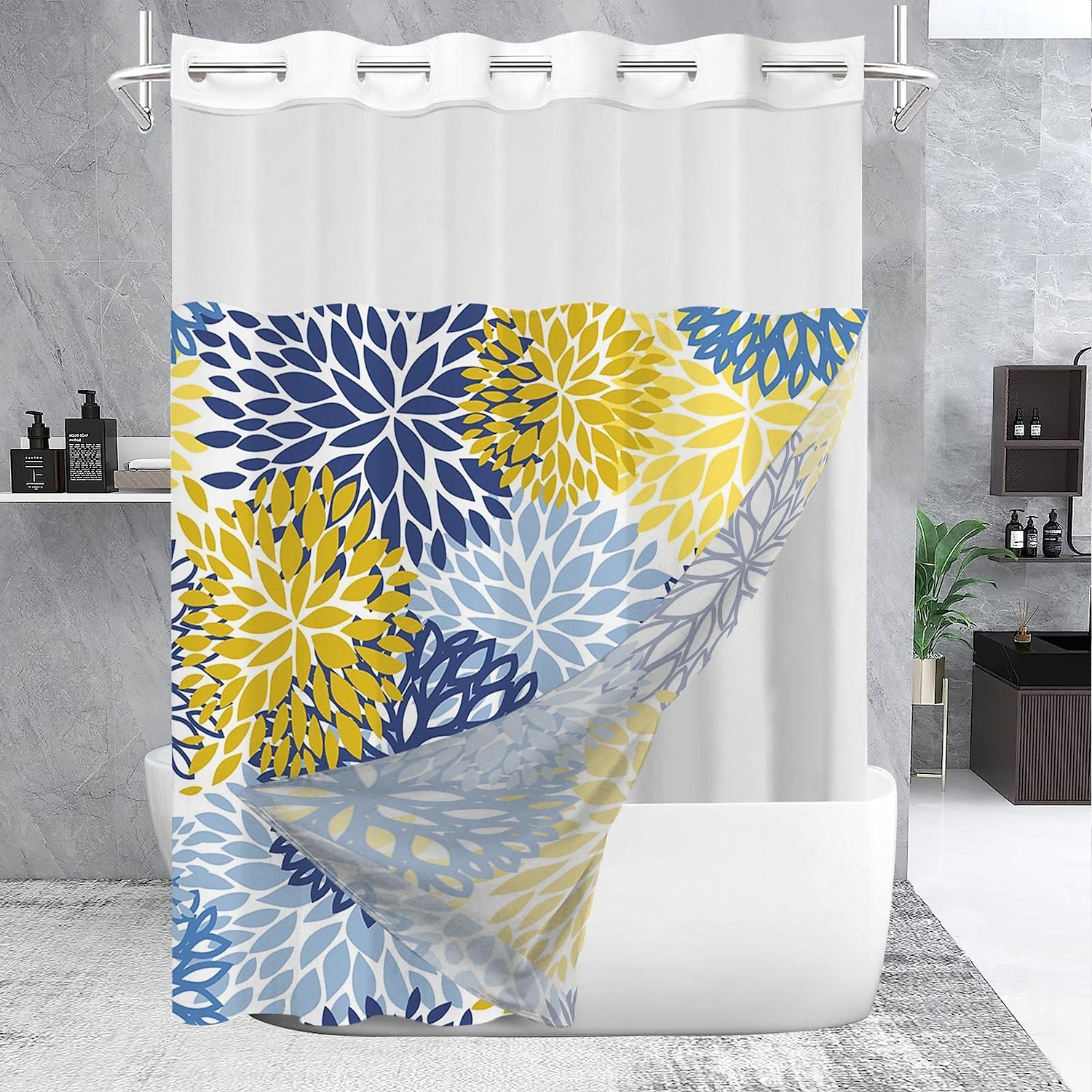 No Hook Leaves Pattern Shower Curtain 180cm*180cm(70"*70"), Double Layer Waterproof Bathtub Curtain with Snap-in Fabric Liner & Sheer Top Window for Bathroom Decor 2025 - $41.99 –P8