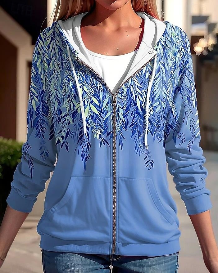Dámská mikina s kapucí na zip oversized květinová aktivní vintage sportovní dlouhý rukáv s kapucí běžné topy příležitostné prázdninové s šňůrkou přední kapsa modrá fuchsie zelená jaro podzim 2025 - $24.99 –P3